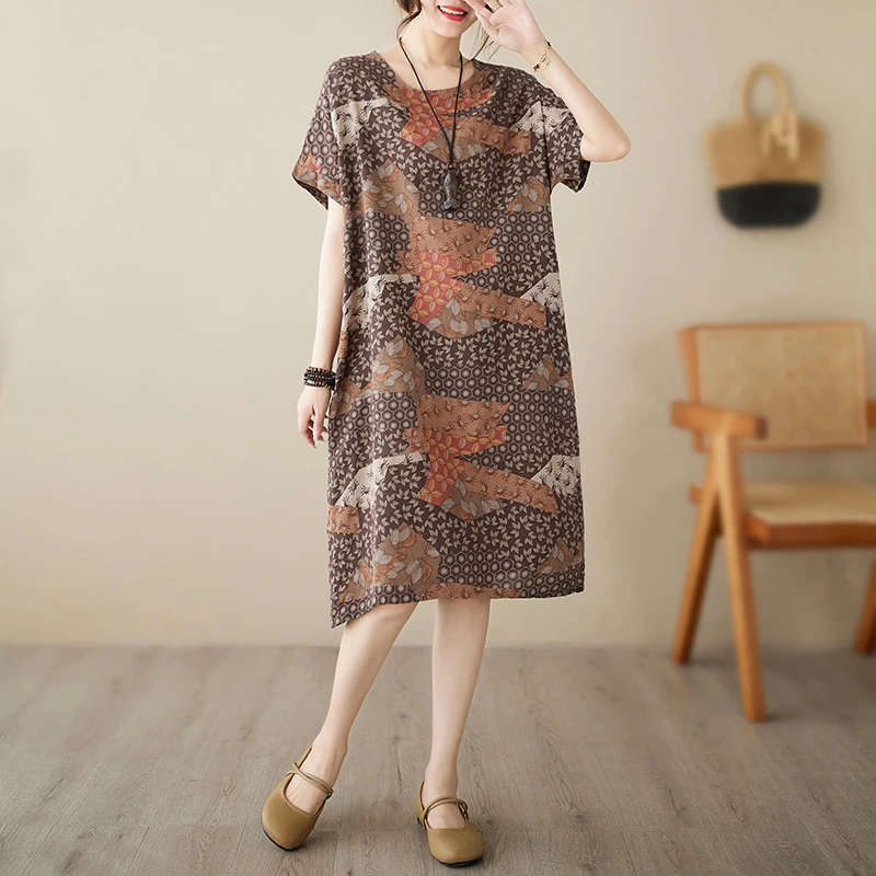 

National wind mother dress 2023 summer new temperament over-the-knee mid-length short-sleeved hemp cotton dress