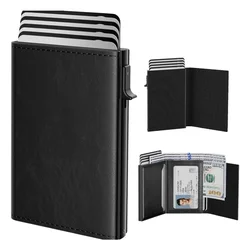 Smart RFID Blocking Minimalist Wallet with Pop - Up Card Holder - PU Leather, Front Pocket, 9 - 14 Card Capacity, ID Window & Cash Slot (Pure black)