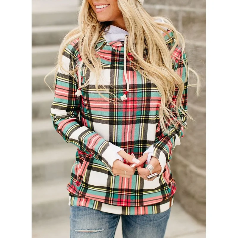 Women Long Sleeve Drawstring Hooded Pullover Plaid Print Turtleneck Hoodies Sweatshirt Autumn Winter Zip Patchwork Casual Jumper