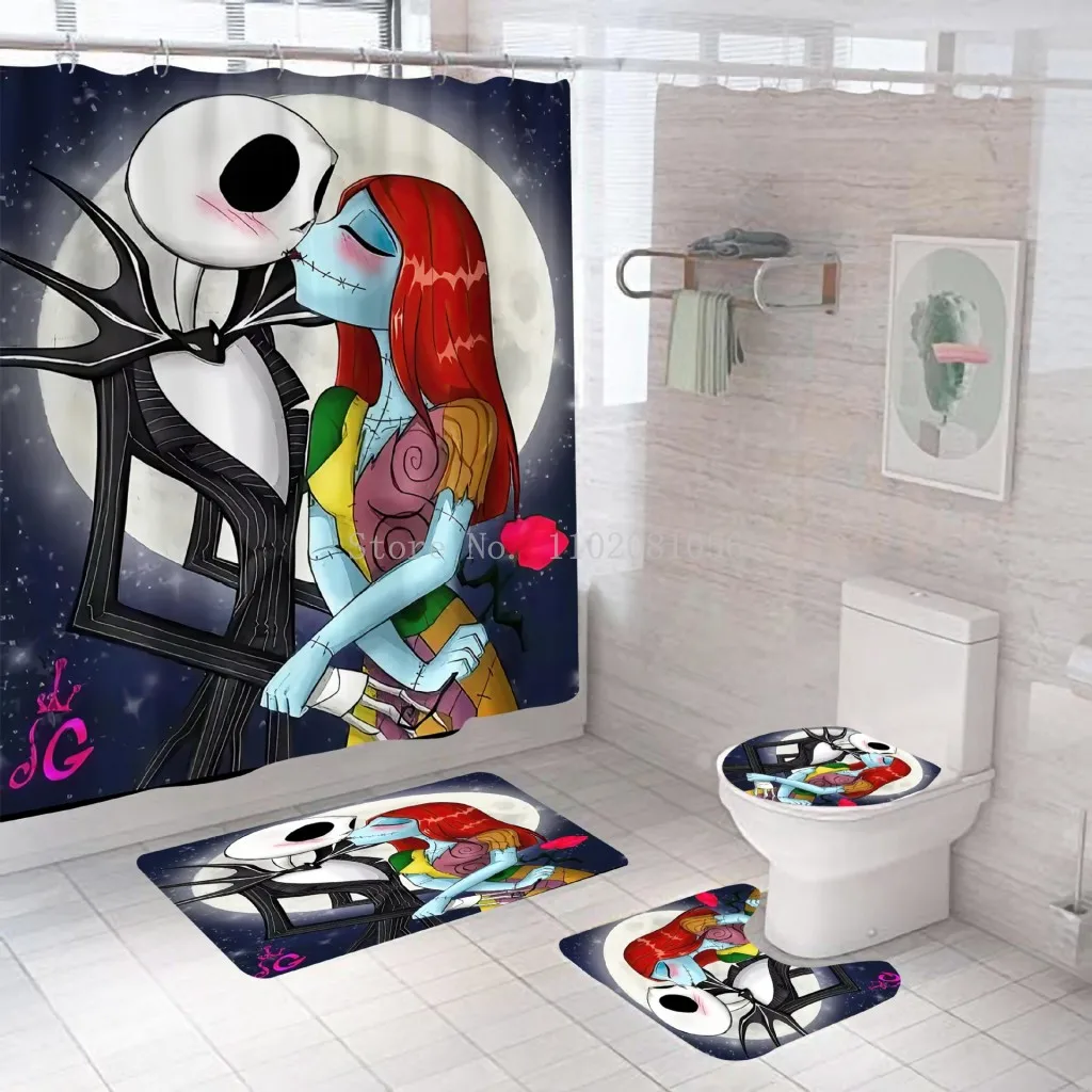 The Nightmare Before Christmas Shower Curtain Bath Mat Non-Slip Toilet Lid Cover 