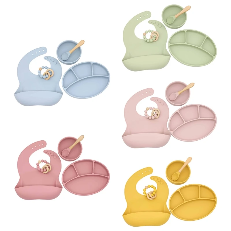 

5 Pcs Baby Silicone Bib Divided Dinner Plate Suction Bowl Spoon Bracelet Set Training Feeding Utensil Dishes Tableware