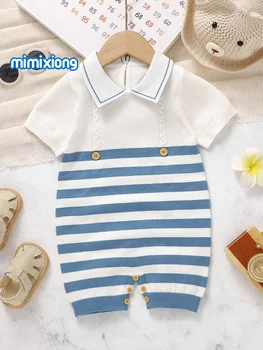 Baby Boys Rompers Jumpsuits Summer Fashion Turtle Neck Short Sleeve Knit Newborn Infant Gentlemen Style Playsuits Cotton Outfits 1