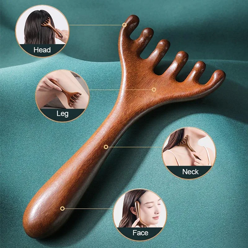 Pente de madeira para massagem meridiana, promove a circulação sanguínea, massageador corporal antiestático com 6 garras, ferramenta Gua Sha AMS05_voghion.com