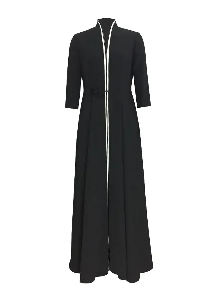 ZZ156 2024 Spring and Autumn Slim Fit Fashion V-Neck Seven-Sleeve Dress Cardigan Temperament Flare Long Dress Coat 4