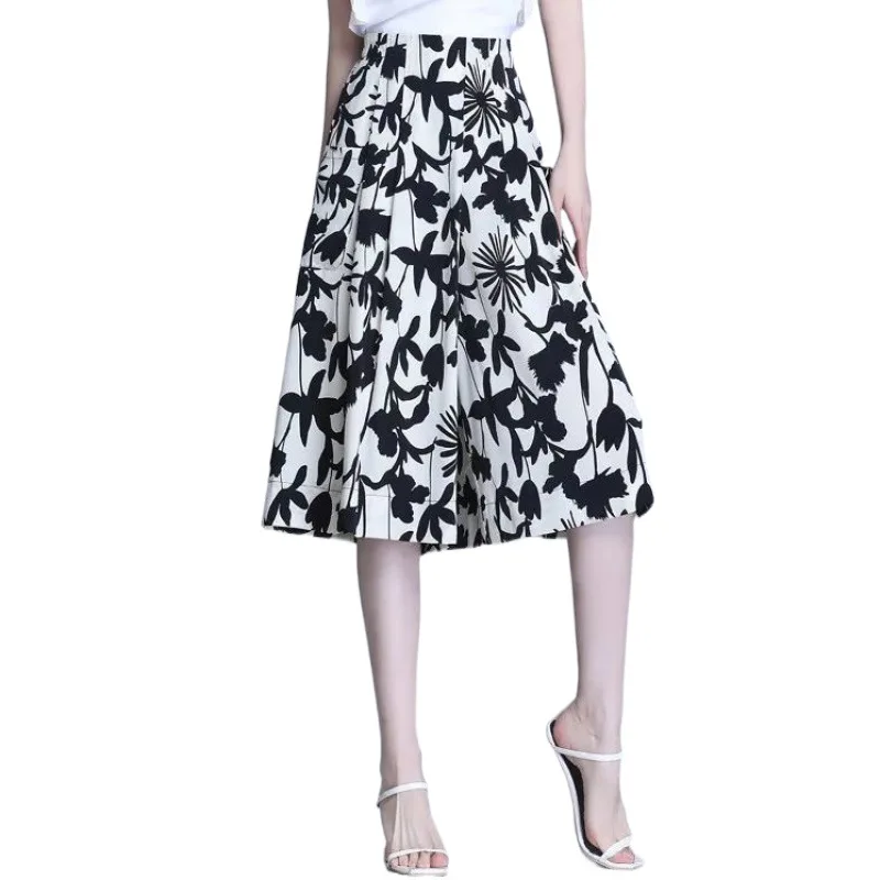 Women's Summer Ice Silk Chiffon Wide Leg Pants High Waist Loose Casual Crop Pants Fashion Large Hem Pockets Floral Pantskirt