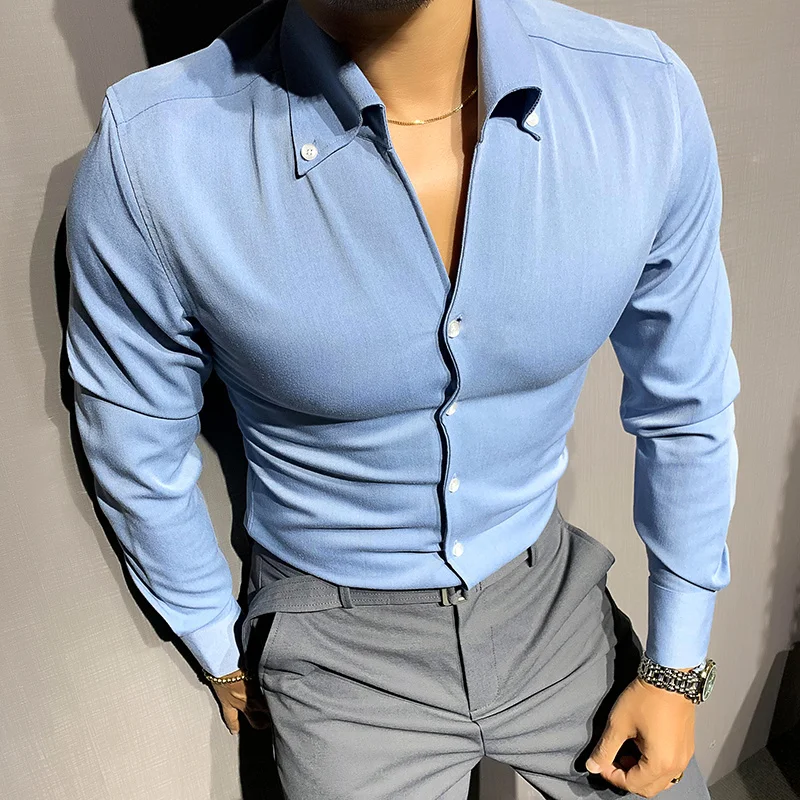 Top Quality Men's Spring Casual Long Sleeve Shirts/Male Sim Fit V-Neck Handsome  Solid Color  Office Dress Shirts S-4XL