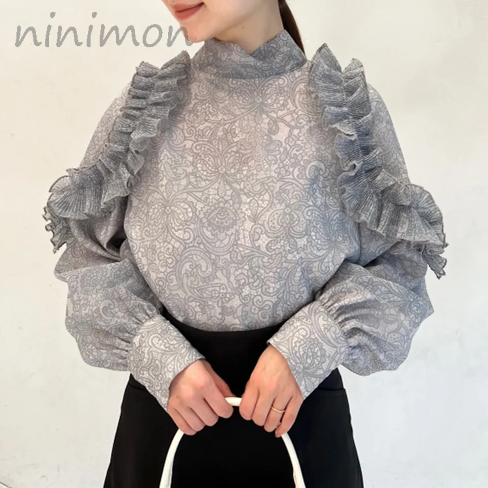 

NINIMON Spring Autumn Women Chiffon Blouses Stand Collar Floral Printed Shirt Sweet Slim Ruffles Long Sleeve Vintage Tops