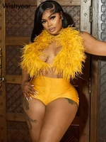 Sexy Night Club 2 Piece Pants Set Women Summer Furs Halter Tank Tops and Tight Stretch Shorts Hot Girls Midnight Party Suits y2k