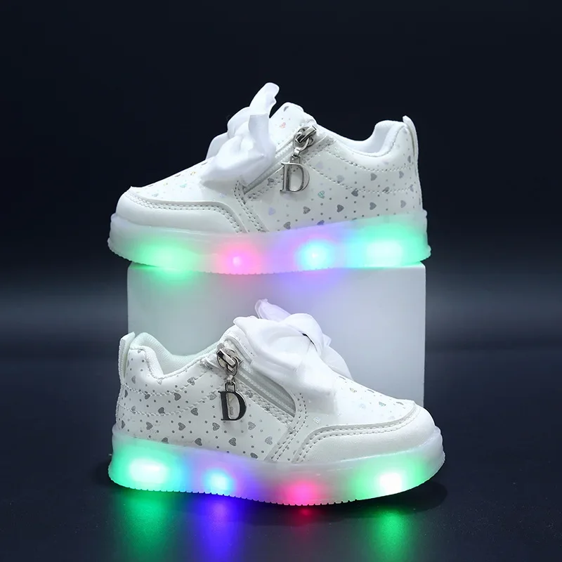 LED Girls Shoes Girls Cute Bow Kids Sneakers Fashion Luminous Sole Children Casual Shoes Zipper Student Walking Shoes Кроссовки 3
