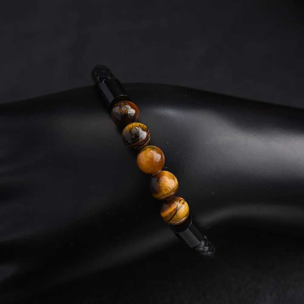 Bracelet Cuir Homme Tressé - Œil De Tigre & Fermoir Magnétique - Cadeau Personnalisé