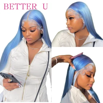 Light Blue Straight 13X6 Transparent Lace Front Human Hair Wig Pre-Plucking Brazilian 613 Colored 13x4 Lace Front Wig For Women 1