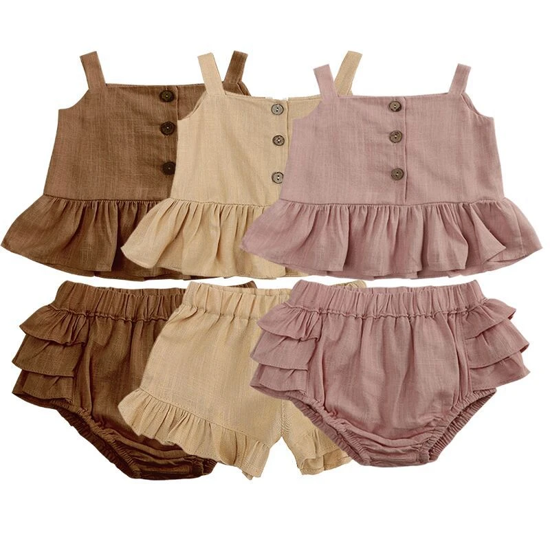 baby clothing set red	 Cotton Hemp Baby Girl Suit Summer Suspender Top Four Corner Ruffle + Shorts Girls Two Piece Baby Suit vintage Baby Clothing Set