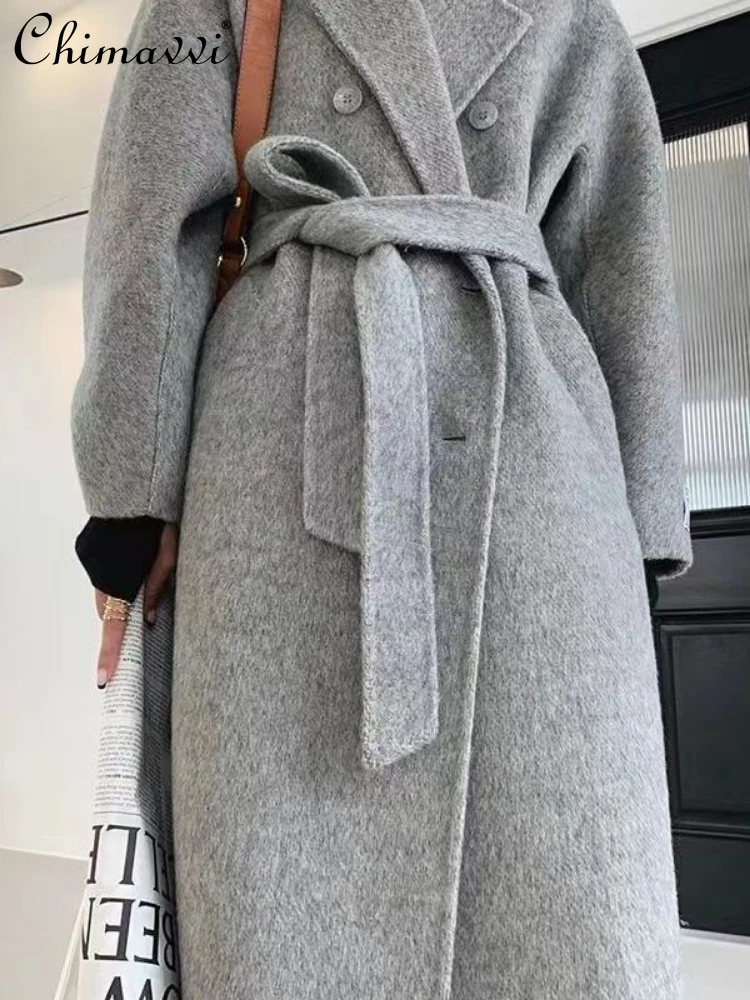 2024 Korean Style Elegant Suit Collar Waistband Single-Breasted Mid-Length Double-Sided Woolen Overcoats Wool Coats for Women