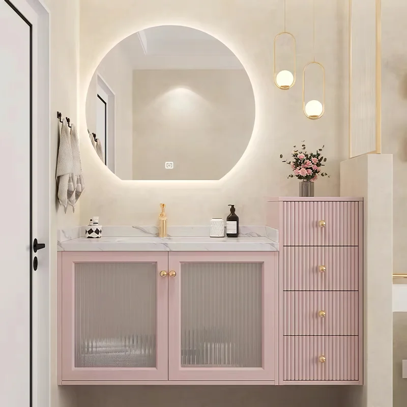 Modern Luxury Wall Mounted Bathroom Vanity With LED Mirror Solid Wood Bathroom Cabinets