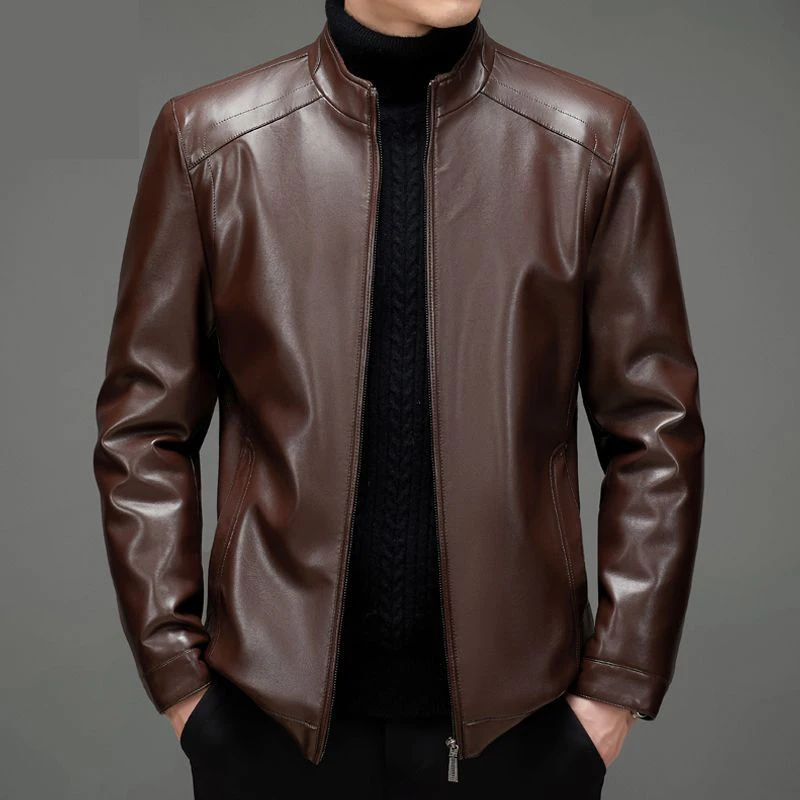 2026 New Men's Genuine Leather Spring Autumn Jacket Thin Sheepskin Casual Middle-aged Dad Leather Coat Zipper Closure Long Sl... - 3