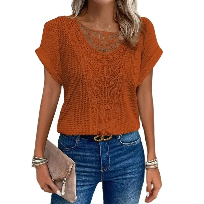 

Women Korean Solid Color Woven T-Shirt Summer Comfortable Casual Commuter Tops Female New O Neck Lace Splicing Short Sleeve Tees