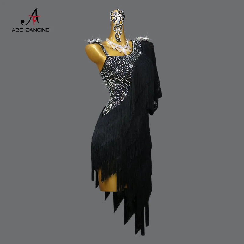 Black Latin Dress Party Performance Dance Women Ballroom Plus Size Ladies Clothing American Practice Wear Fringed Short Skirts