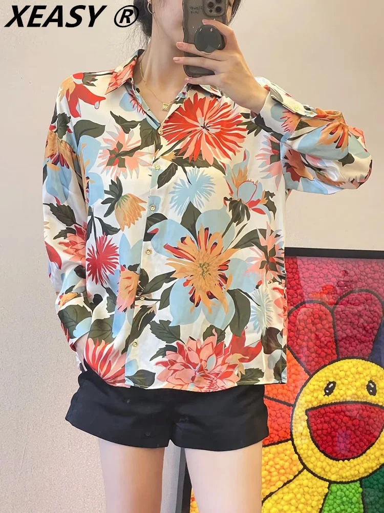 

XEASY Fashion Woman Blouses 2022 Clothing Women Long Sleeve Top Vintage Button Up Shirt Print Floral Blouse