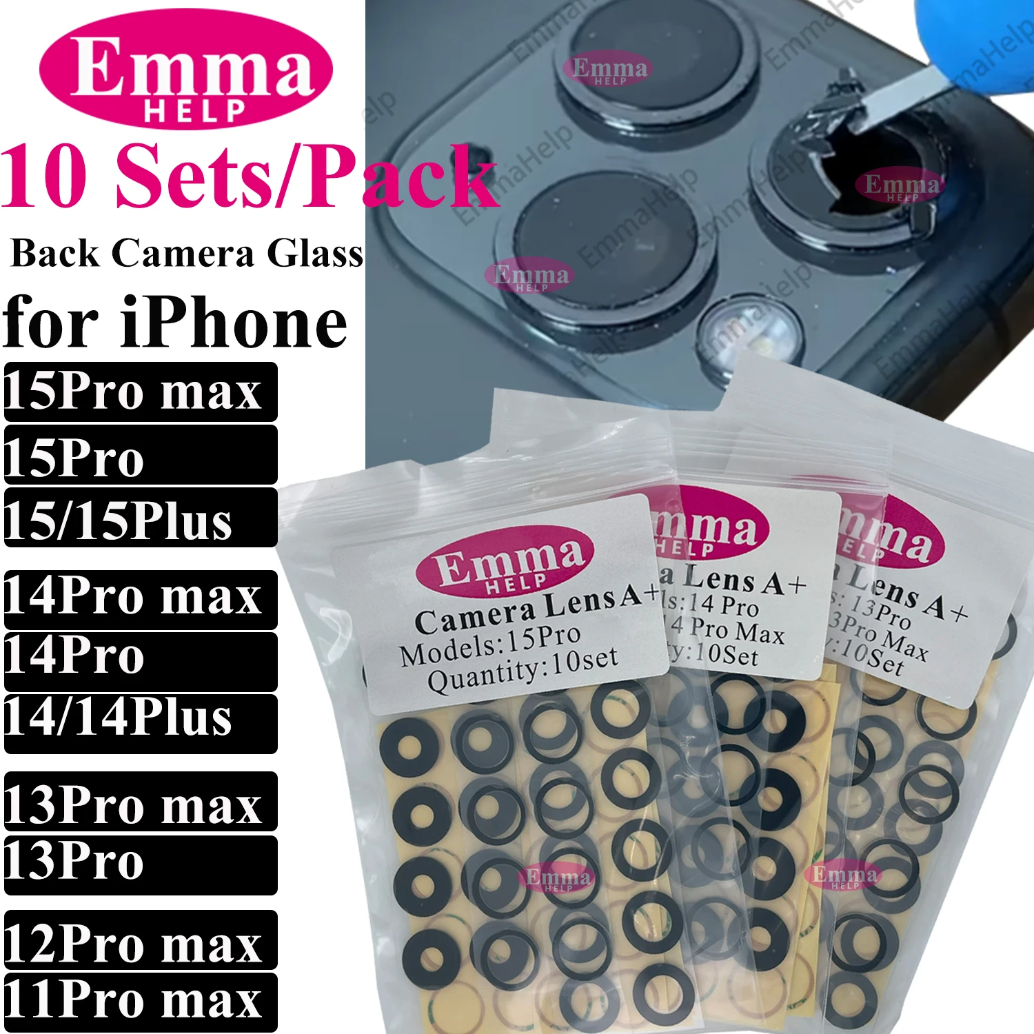 Back Camera Glass 10set for iPhone 15 14 13 XR X XS SE 7 8 11 12 Pro Max Rear camera Lens Cover replacement back camera glass