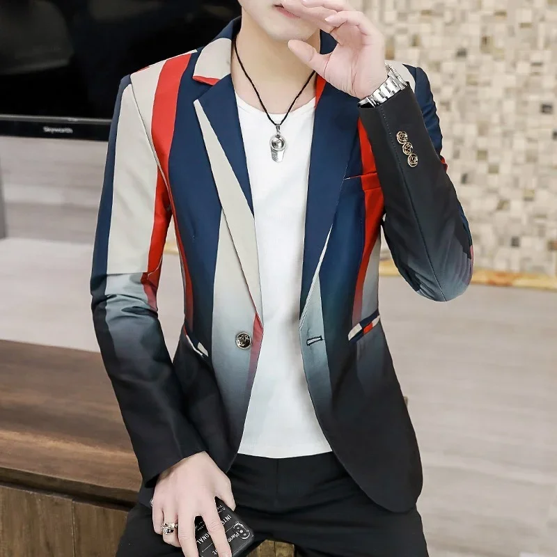 Slim Fit Blazer for Men Spring New Fashion Casual Striped Print Slim Fit Mens Formal Suit Jacket Blazers Brand Men Clothing