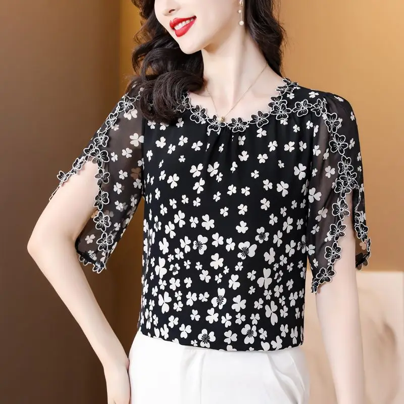 Elegant O-Neck Ruffles Embroidery Floral Flying Sleeve Blouse Women's Clothing 2023 Summer New Oversized Casual Tops Sweet Shirt