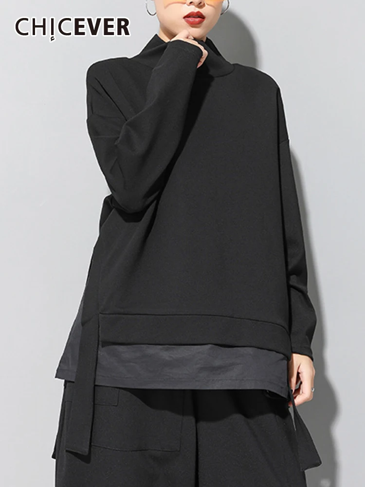

CHICEVER Minimalist Fashion T Shirts For Women Half High Collar Long Sleeve Patchwork Casual Loose Solid Autumn T Shirt Female