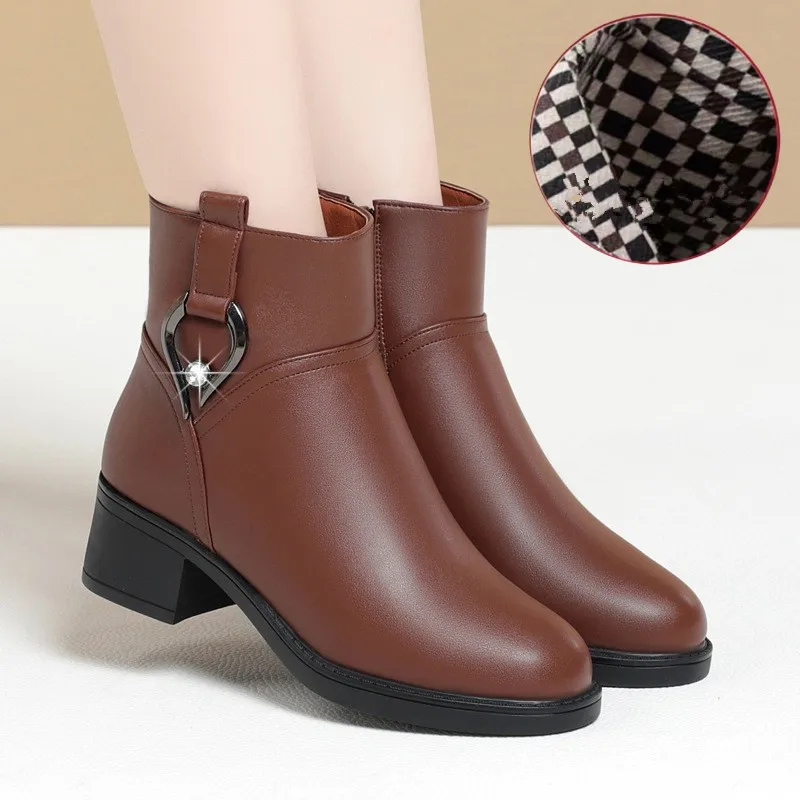 Women's Winter Waterproof Genuine Leather Ankle Boots Mom Thick Plush Warm Cotton Shoes Large Size Sexy High Heel Platform Boots