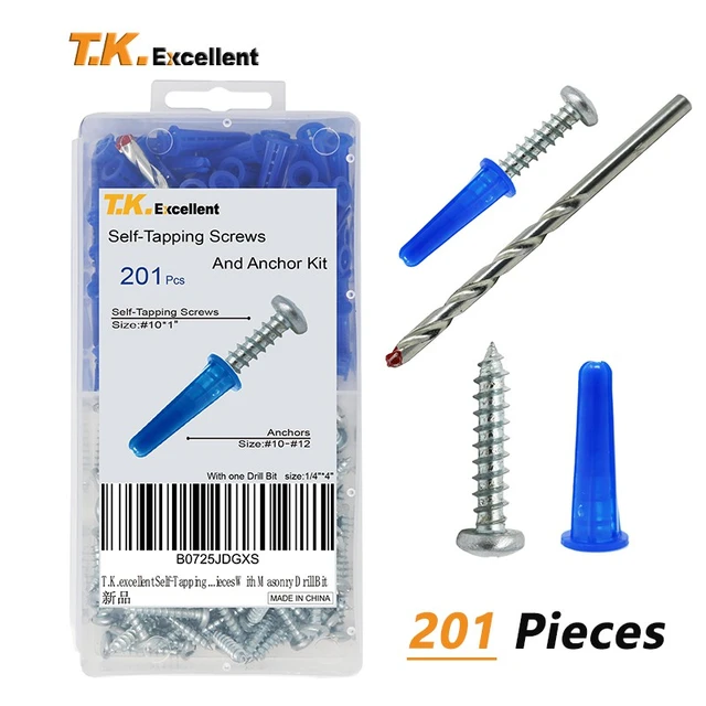 T.K.Excellent Blue Conical Plastic Anchor and Self Tapping Screw and  Masonry Drill Bit,201 Pieces - AliExpress