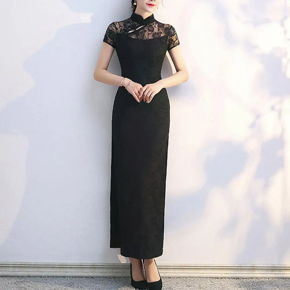 Chinese Qipao Elegant Vintage Chinese Lace Maxi Dress with Stand Collar Side Split Women's Classic Qipao Cheongsam for