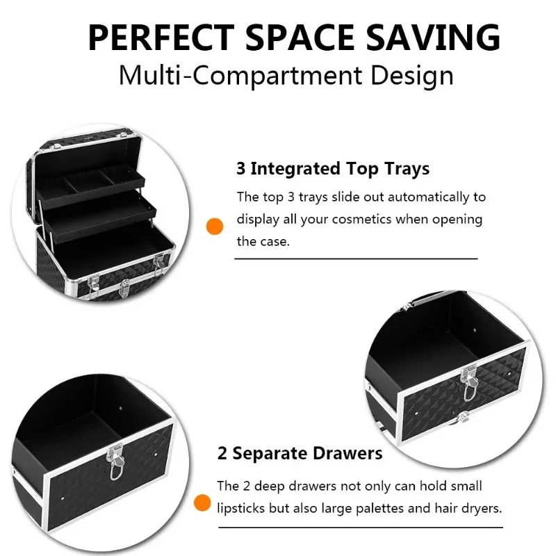 mefeir Aluminum Rolling Makeup Train Case Travel Beauty Luggage Trolley Lockable w/4 Removable Wheels & 2 Sliding Drawers 3