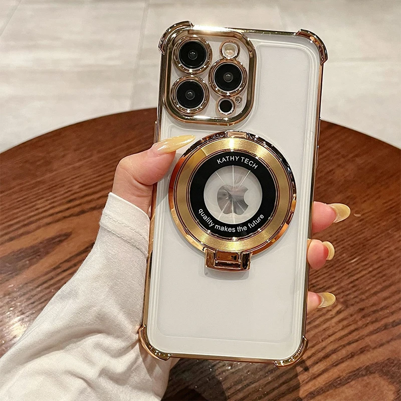 Premium Transparent Magnetic TPU Cover with Ring Stand and Plated Clear Design