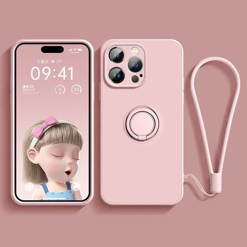 Liquid Silicone Phone Case with Holder Ring Stand and Wrist Strap