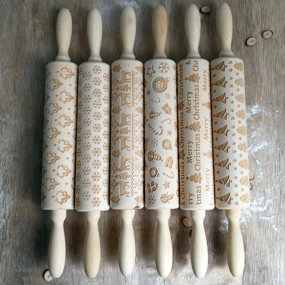 

Lovely Christmas Symbols Wooden Rolling Pin Non-Slip Barking Rolling Stick For Kitchen Baking