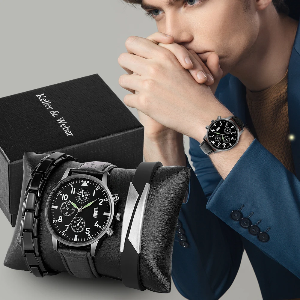 Business Date Wristwatch for Men Luxury Bracelets Watch Gift Set Box Leather Quartz Watches Fashion Present for Father horloge