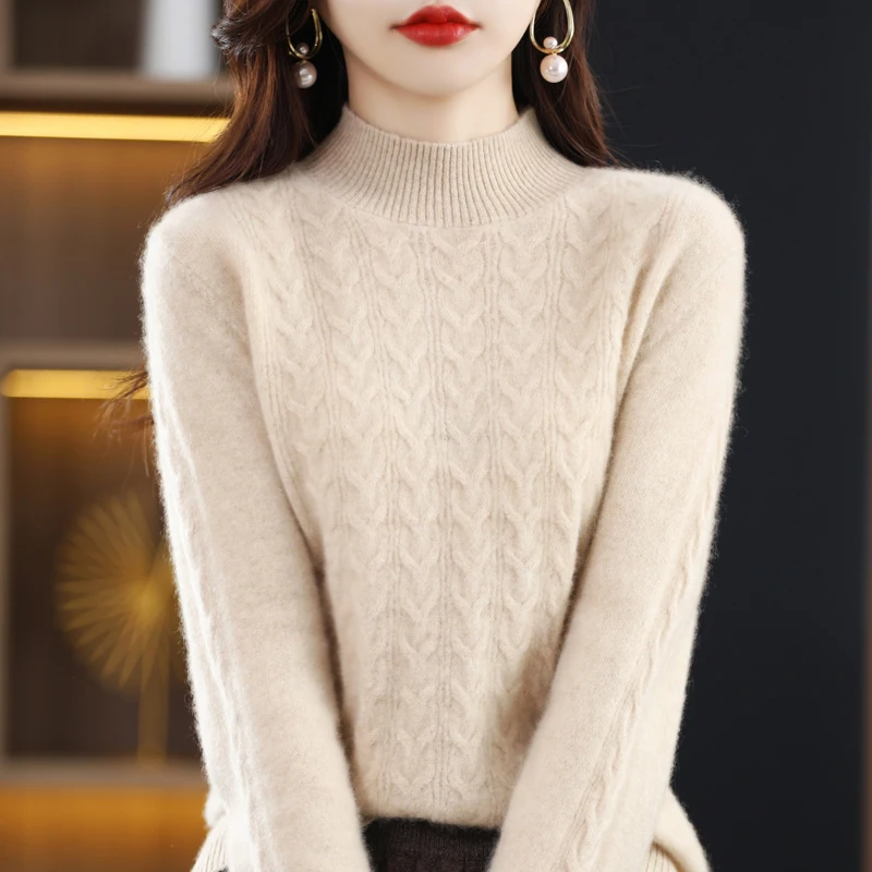 

100% Pure Cashmere Sweater for Women Autumn-winter Semi-turtleneck Thickened High-grade Wool Base Shirt