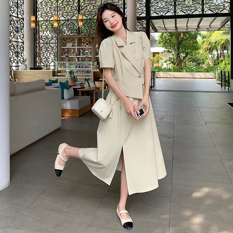 

Fashion Spliced Fake 2PCS Short Sleeve Apricot Dress for Women 2024 Summer New Elegant Korean Style Slim Fit Suit Dresses Q952