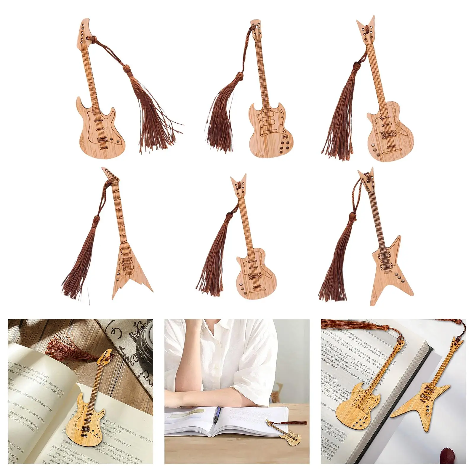 6 Pieces Guitar Bass Bookmarks with Tassels Clip Wood Bookmark for Readers