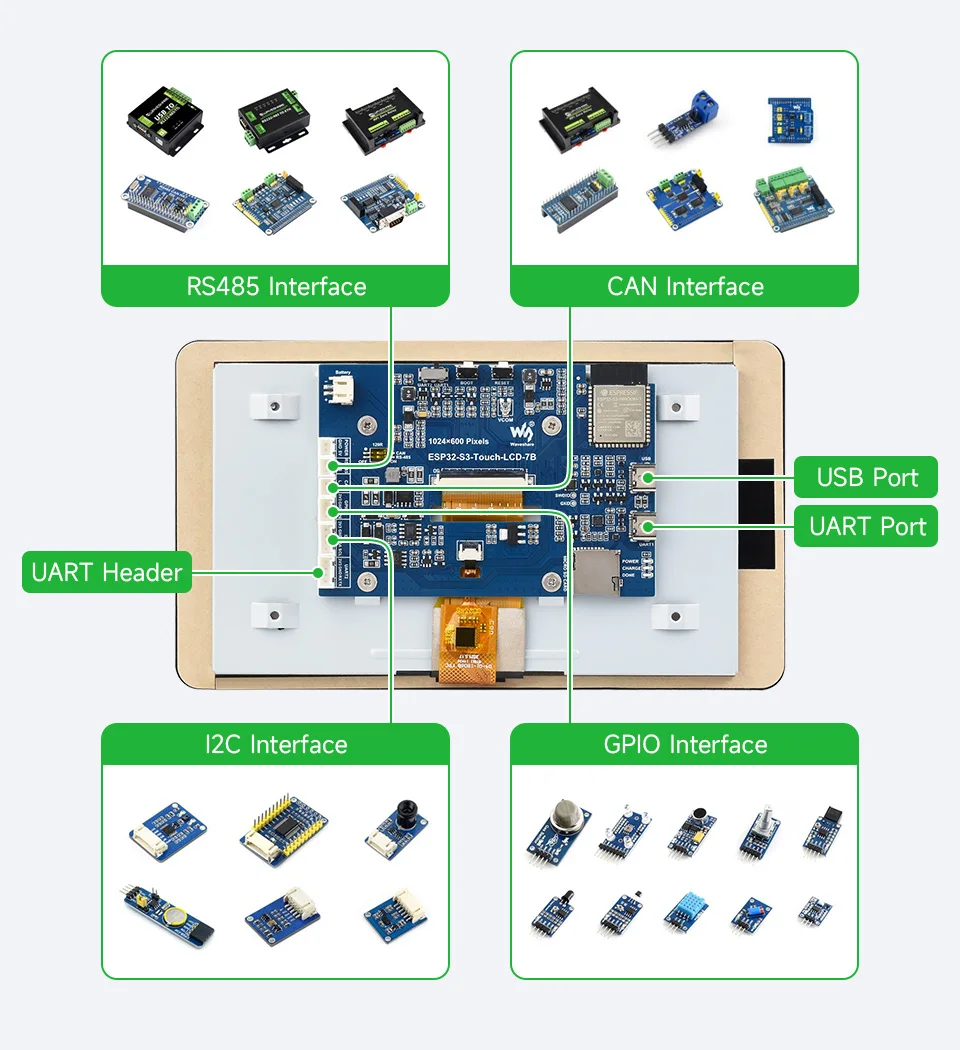 รูปสินค้า บอร์ดพัฒนาหน้าจอสัมผัส 7 นิ้ว ESP32-S3 สำหรับ UI สมัยใหม่
