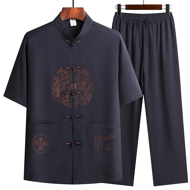 Linen (top + Pants) Middle-aged Ruffled Linen Chinese Tang Suit Men's Chinese Style Hanfu Grandpa Linen Lay Suit 4