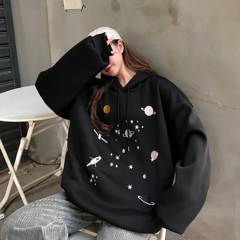 Hoodies Women Blue Black Sweatshirts Kawaii Embroidery Oversize Large Size 2XL Harajuku Streetwear Unisex Fashion Casual Tops hoodies halloween cat kangaroo pocket hoodie navy blue in blue size l m