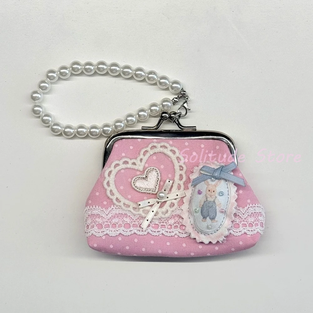 Charming Vintage-Inspired Y2K Lace Coin Purse with Rose Details and Hanging Pendant