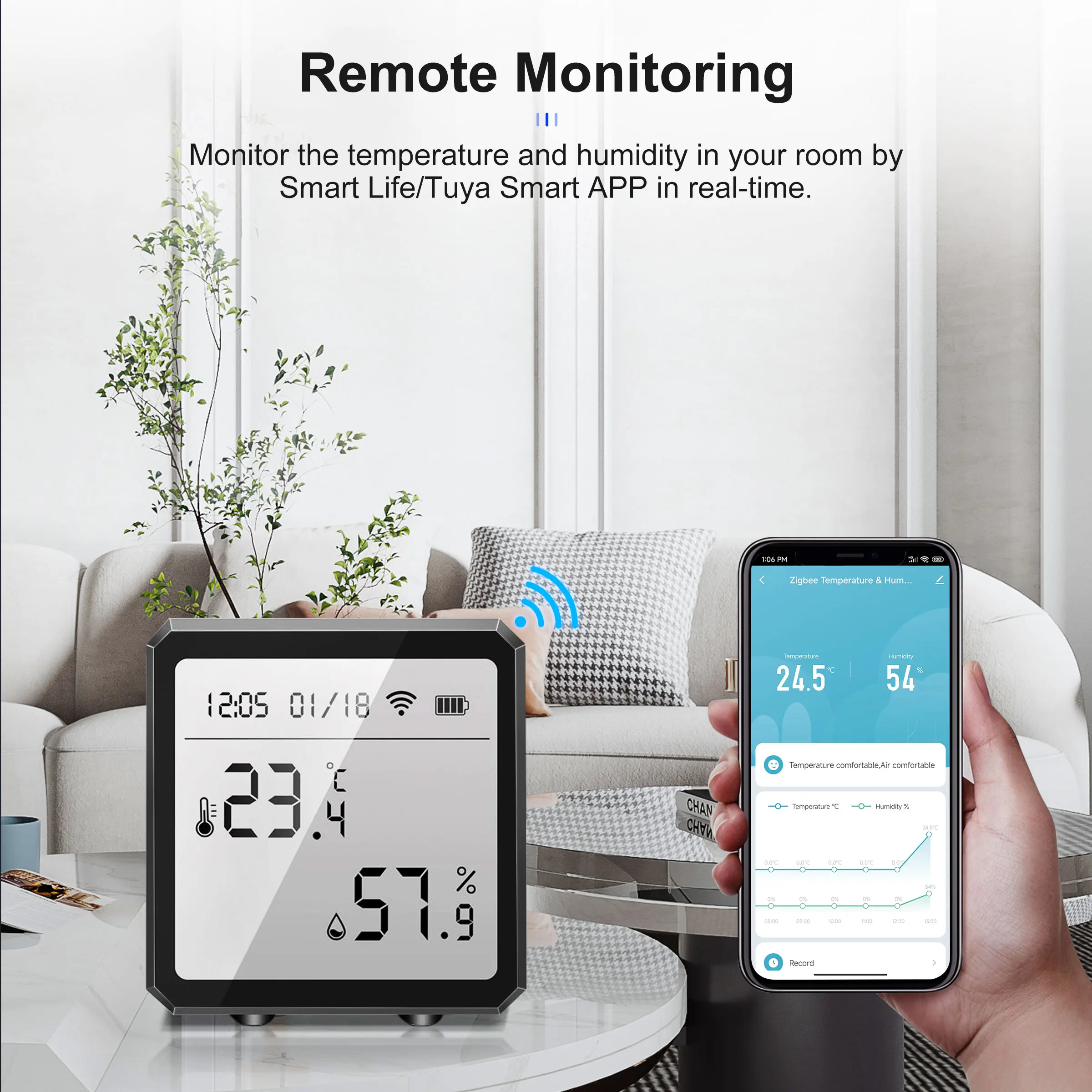 Smart WiFi Temperature Humidity Monitor: TUYA Wireless Temperature Humidity  Sensor with APP Notification Alerts, WiFi Thermometer Hygrometer for Home