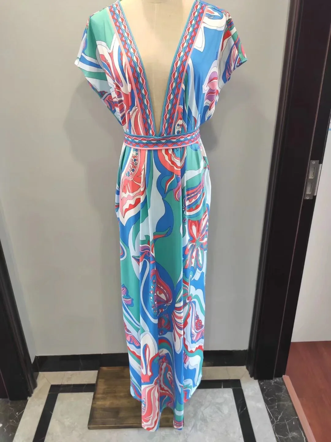 

Summer Dress Loose V-neck Boho Dress with Belt Short Sleeve Plus Size Elastic Knitted Long Dress for Women