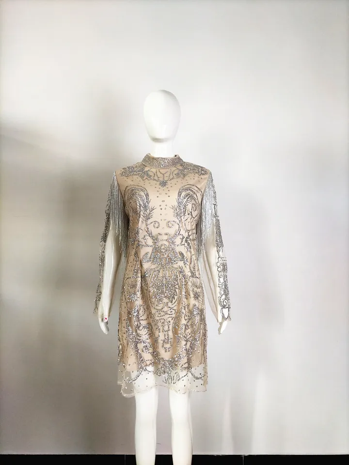 rhinestones mini dress sparkly crystals high neck long sleeve transparent  silver women evening tassels party dress - AliExpress 200000345