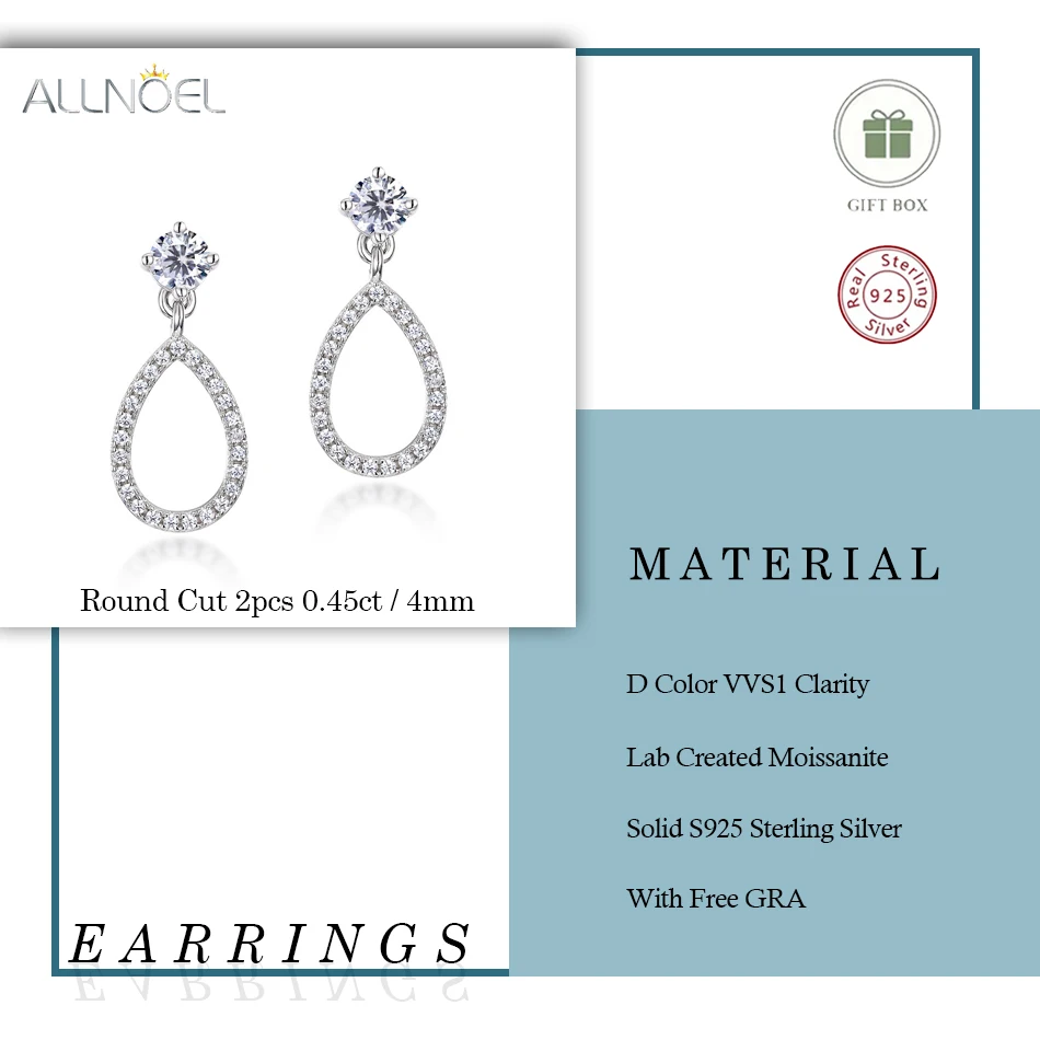925 Sterling Silver 4*4mm VVS1 D Color Moissanite Drop Earrings for Woman Diamond Bridal Wedding Gifts Certified GRA ALLNOEL