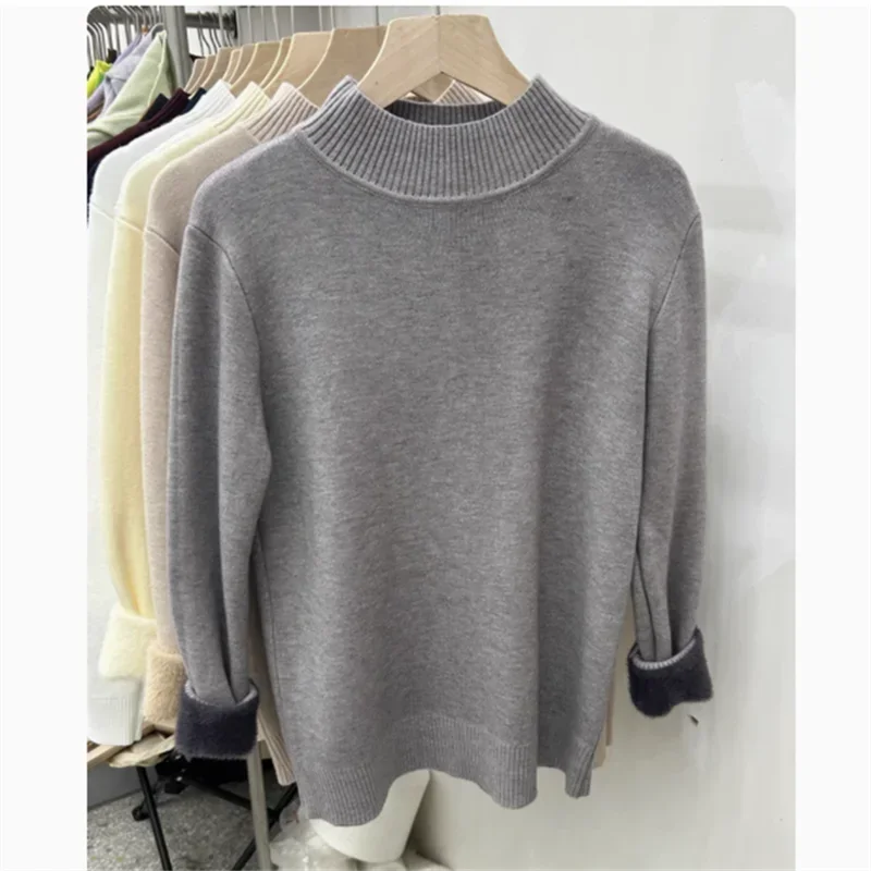 Elegant New Warm Women's Integrated Fleece Sweater Autumn and Winter Solid Color Knitwear Casual Bottoming Shirt