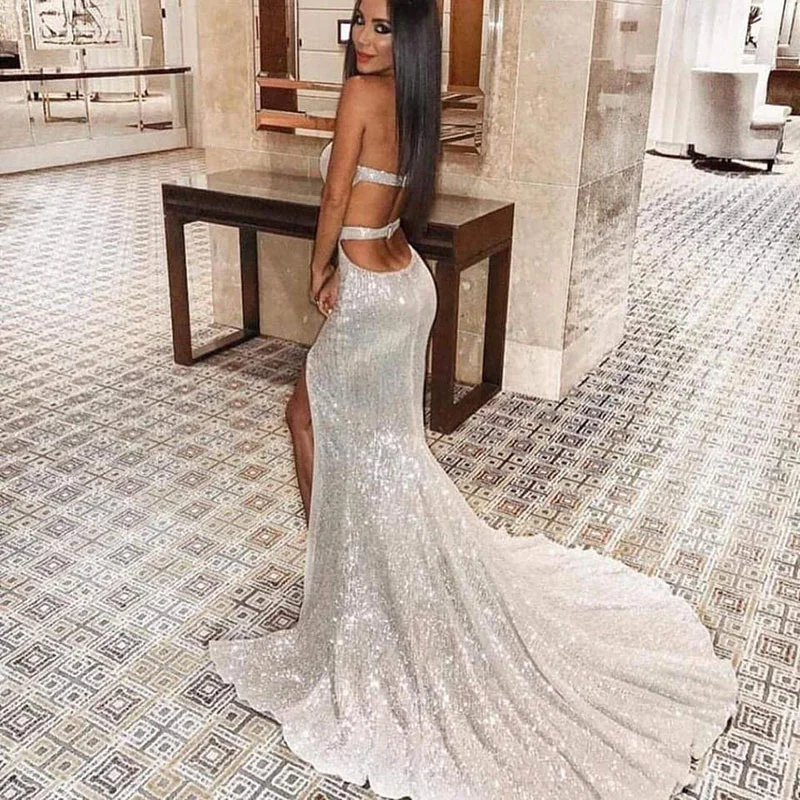 

Cutubly 2023 New Bra Off The Shoulder Dresses For Women Formal Sequins Floor Sweeping Vestidos Backless Sparkly Party Skirt