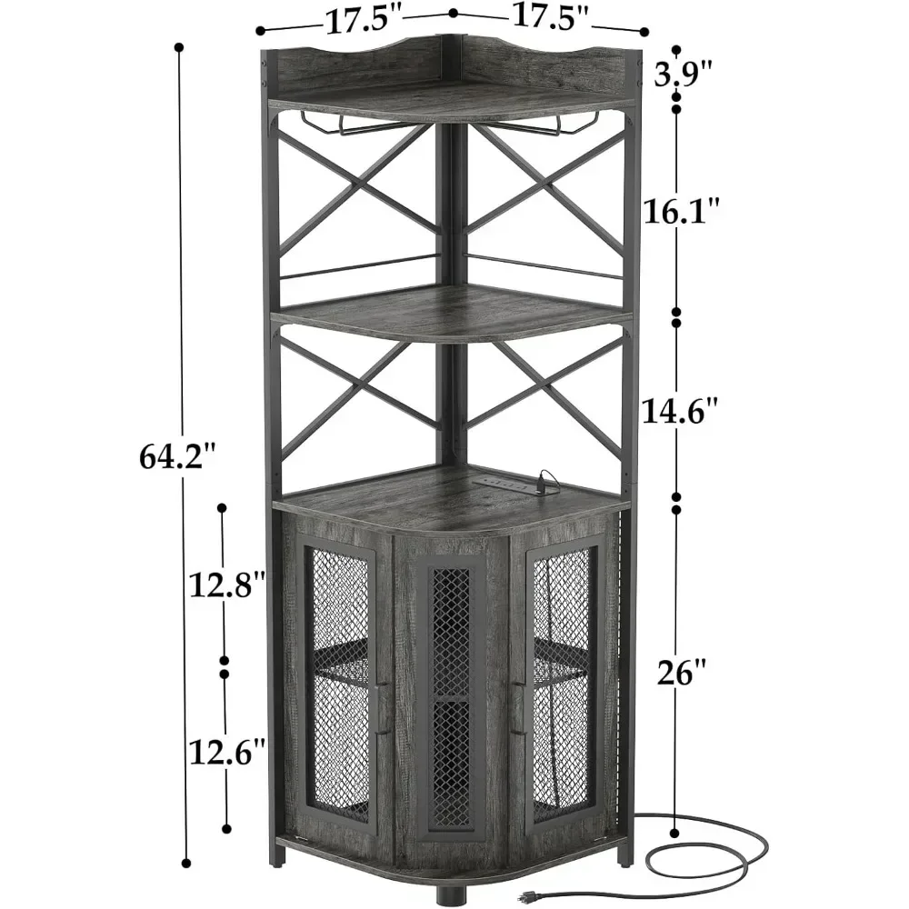 5-layer corner bar cabinet with power sockets, industrial wine cabinet with LED light strips and glass brackets