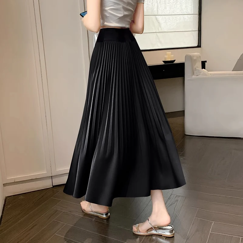 Summer Pregnant Woman Midi Skirts Long Loose Elegant Maternity Skirt Flowy Pleated Acetate Satin with High Waist Belly Support