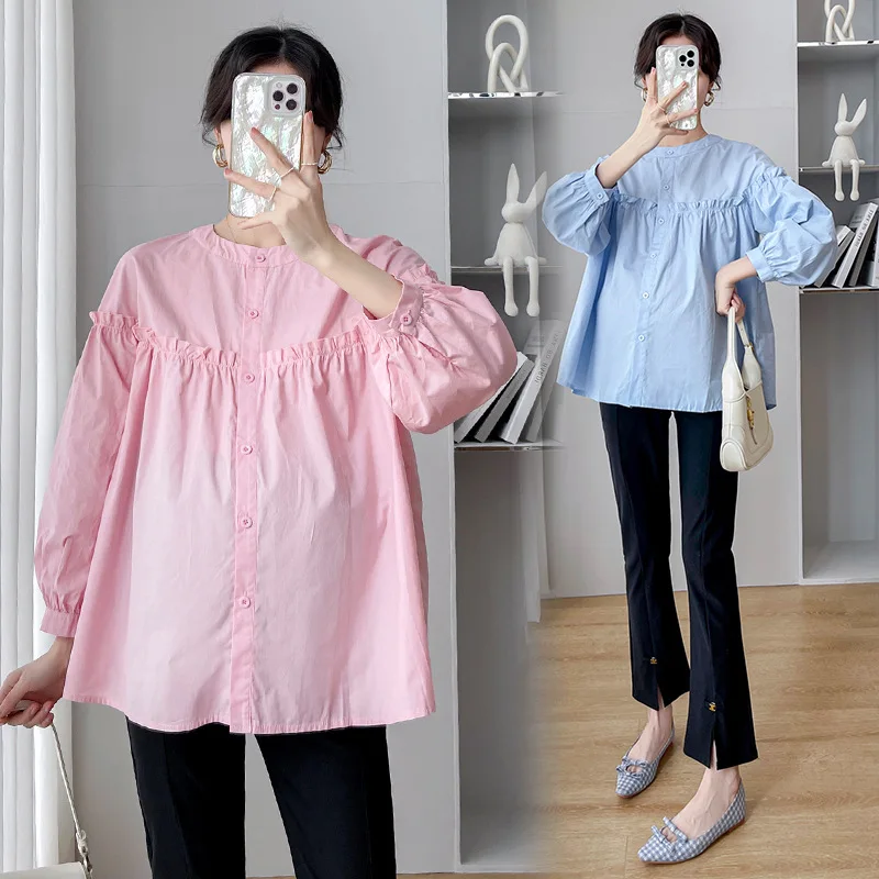 Maternity Cotton Long Sleeves Stand Collar Blouse European Fashion Design Pregnant Women